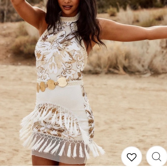 12th Tribe Dresses & Skirts - 12th Tribe Like Gold Dust White gold Sequin Fringe Pearl Dress medium NEW Halter